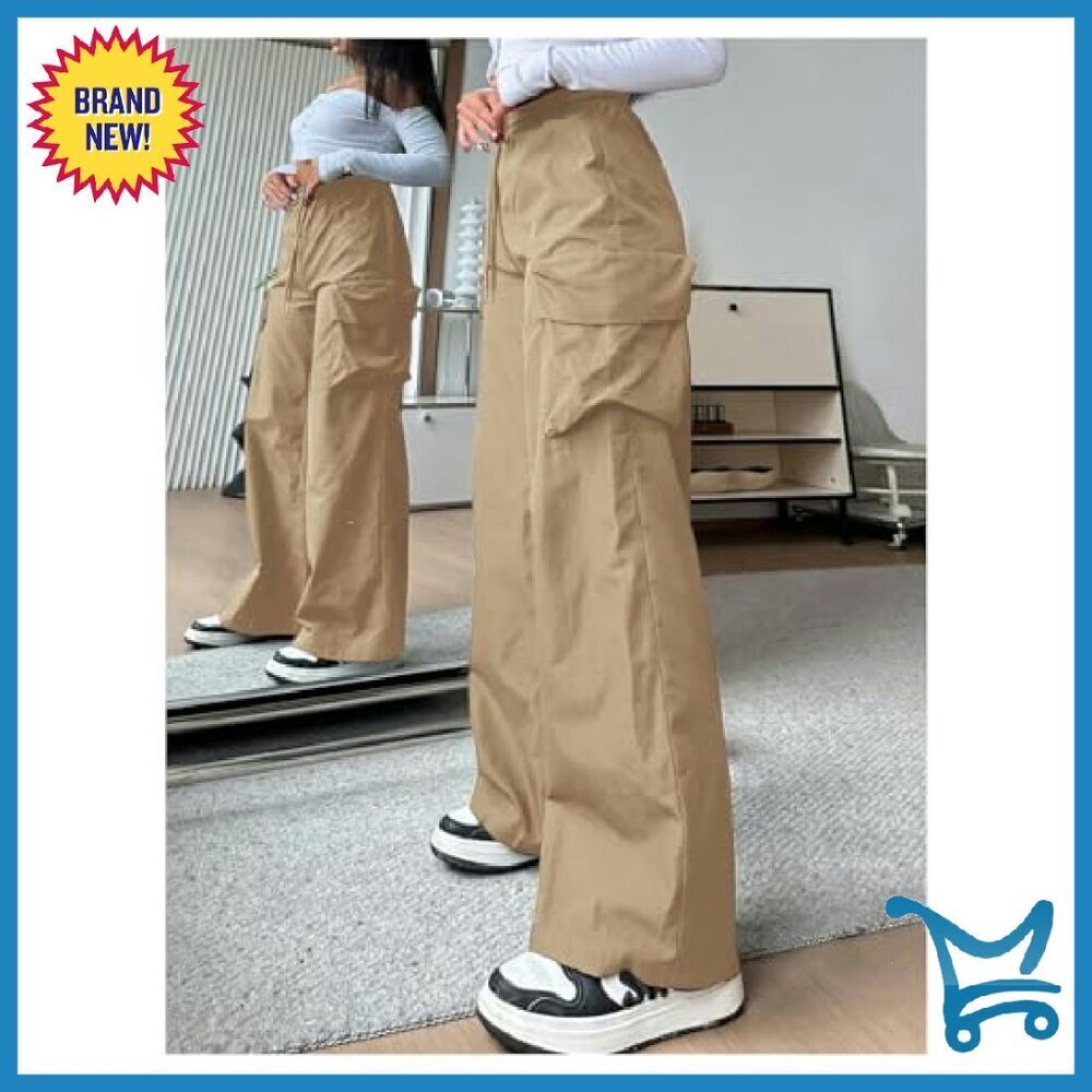 Women's Cargo Pants High Waist Wide Leg Drawstring Casual Streetwear - Picture 4 of 6